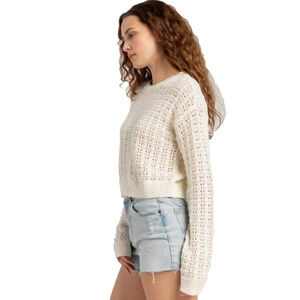 Full Tilt White Open Knit Cropped Cotton Blend Long Sleeve Festival Boho Small